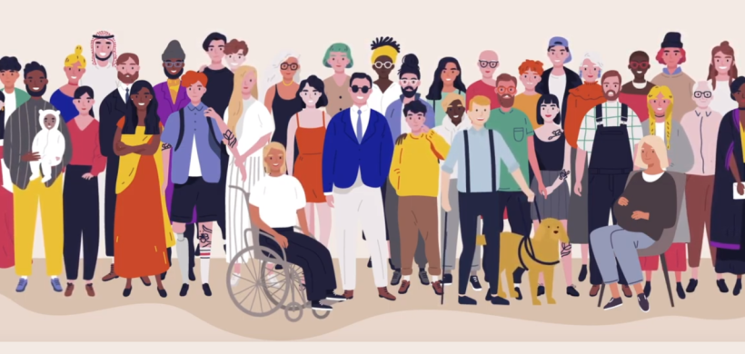 A group of illustrated people. 
