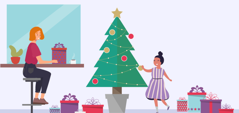 Animated image of a woman and child decorating a Christmas tree. 