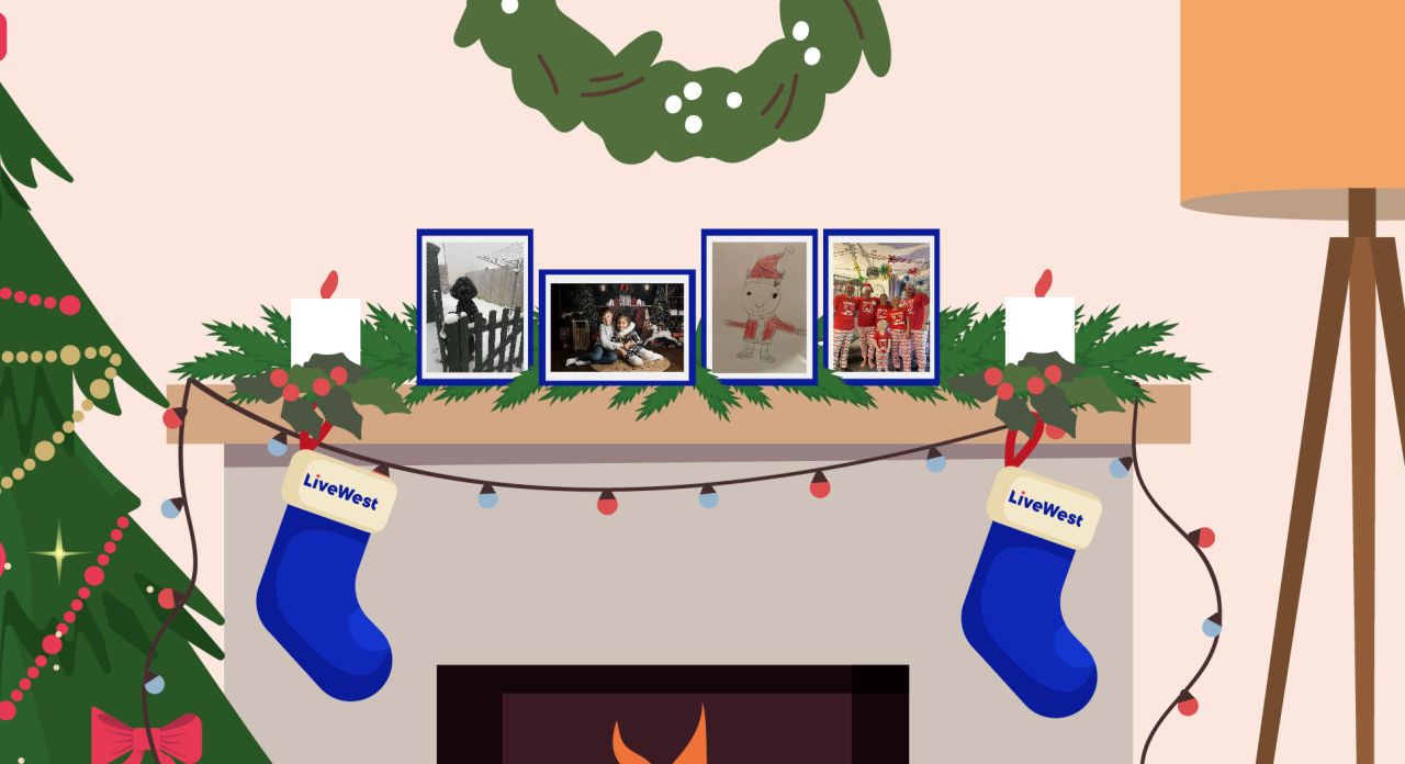 Illustration of a Christmas fireplace, with the winning images in photo frames.