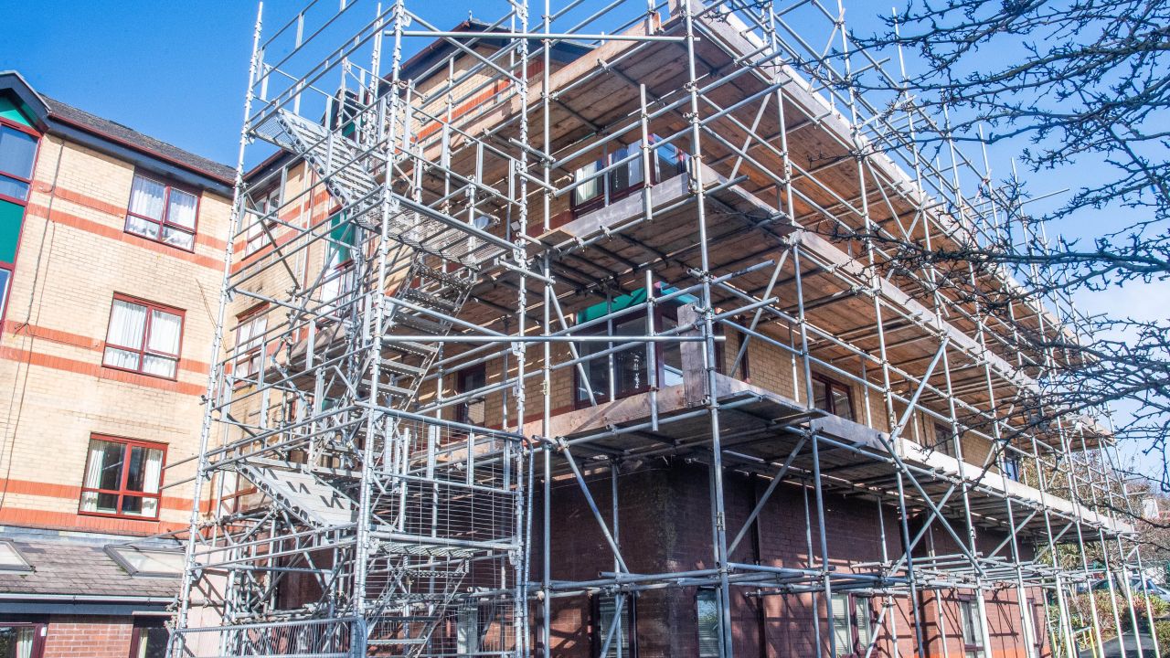 Scaffolding outside of a building. 