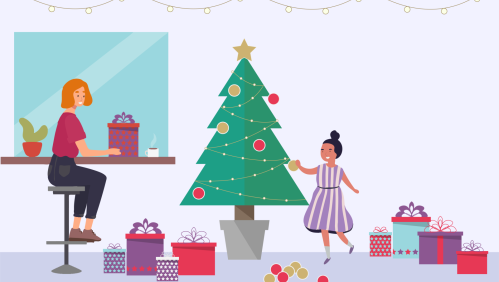Animated image of a woman and child decorating a Christmas tree. 