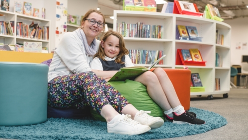 Sue and her daughter in the revamped library. 