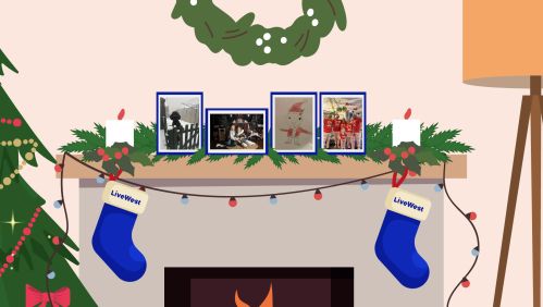 Illustration of a Christmas fireplace, with the winning images in photo frames.