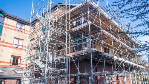 Scaffolding outside of a building. 